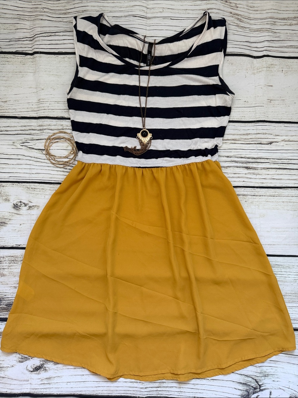 ♡ Mon Ami Striped Navy & White with Sheer Mustard Skirt Tank Dress S/M